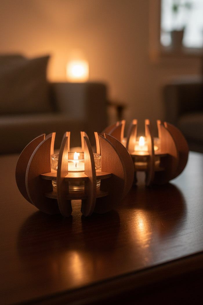 Fyrfadsstager i træ med kobberlook "Lotus"